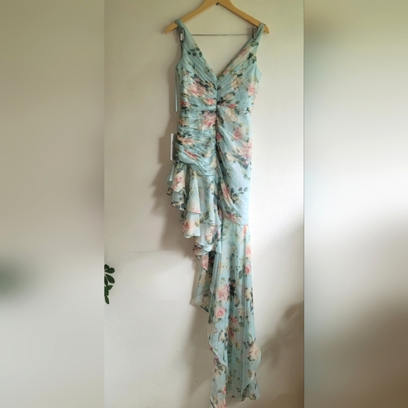 leena for Mac Duggal,Floral Print  Asymmetrical Ruffle Hem Dress,Blue Floral, 2 - Picture 5 of 10